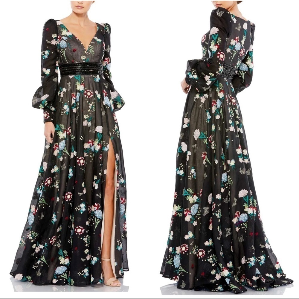 Mac Duggal Black Embroidered Floral Butterfly Ladybug Bishop Sleeve Gown #79361